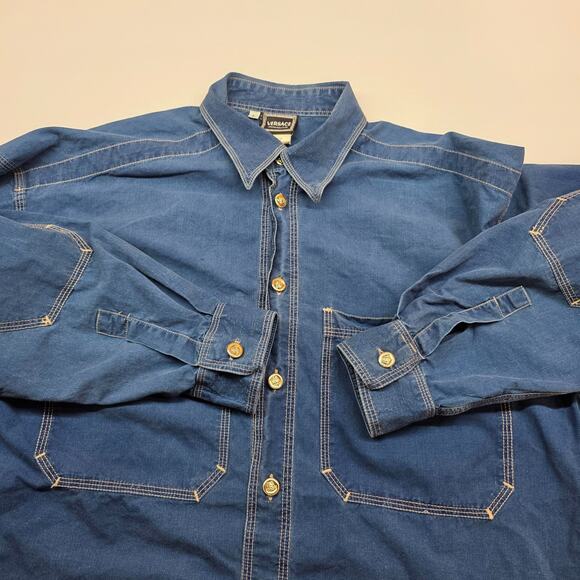 VTG 90s Versace Jeans Couture Medusa Button Down Shirt Chambray Men Large - Picture 10 of 13